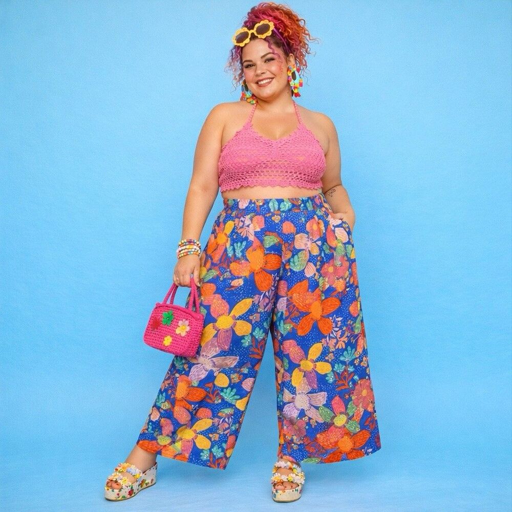 Wide Leg Linen Blend Pants Large Floral Elastic Waist Flowy Island Tropical
